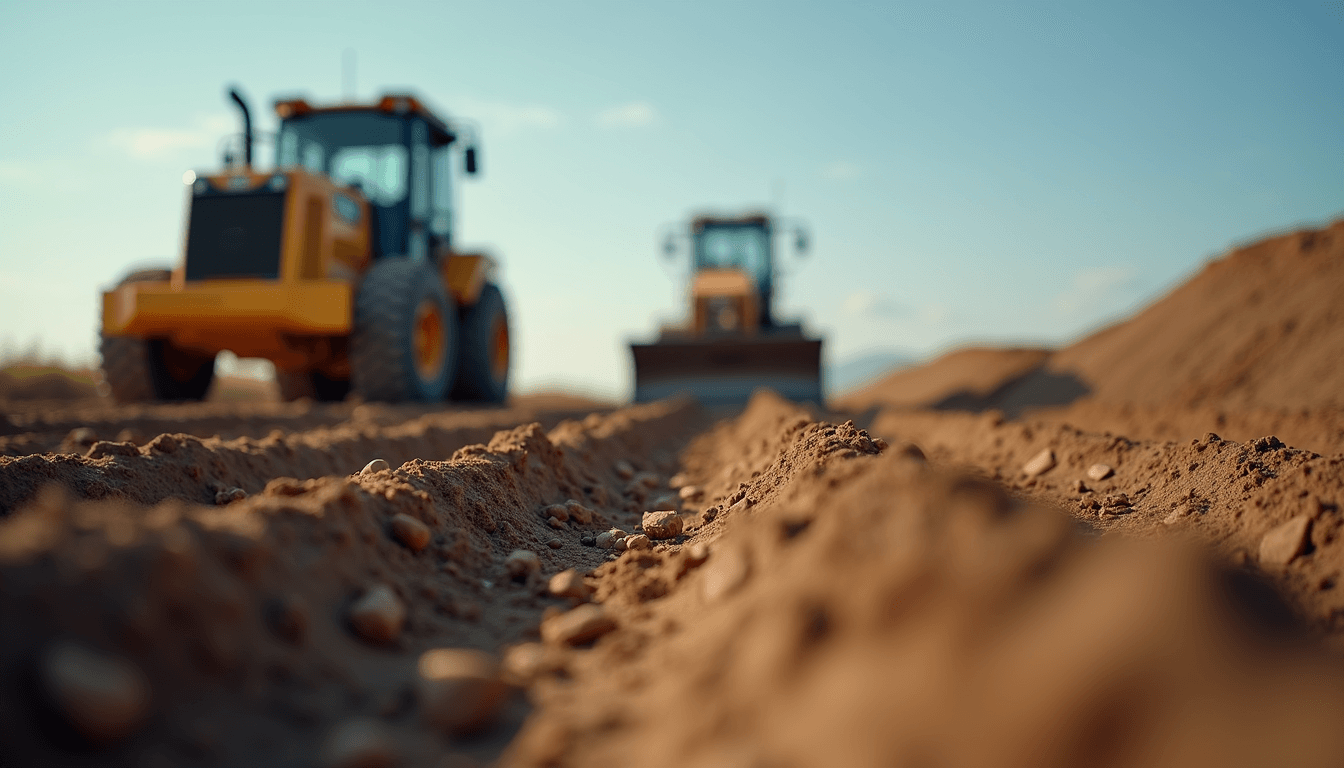Earthmoving machinery beside a freshly cut trench in clay soil on a building site